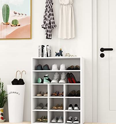 9-Cube Stackable Shoe Cubby with Storage Shelves - White Shoe Rack Organizer for Apartment, Entryway