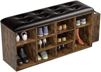 Vintage Brown Shoe Bench with 10 Cubbies - Shoe Rack Organizer, Adjustable Shelves, PU Leather
