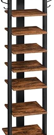 Rustic 8-Tier Vertical Shoe Rack with Hooks for Entryway