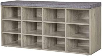 Grey Wash Shoe Bench with Cushion - 12 Cubby Organizer for Entryway, Storage Bench, Adjustable Shelves