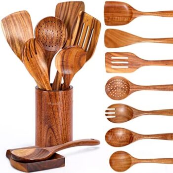 9 PCS Wooden Spoons for Cooking Set with Spoon Rest