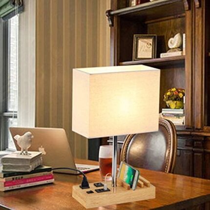 Modern Bedside Table Lamp with Linen Fabric Shade - 16 Inches