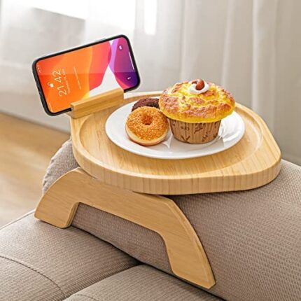Bamboo Sofa Tray Table with 360° Rotating Phone Holder