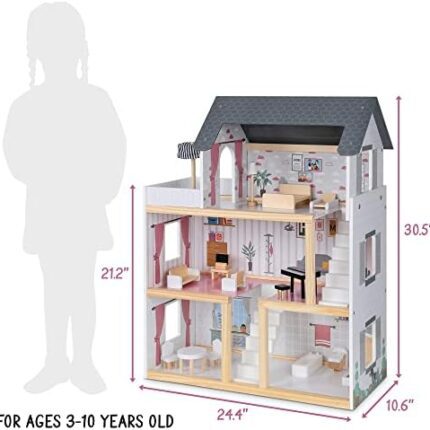 3 story wooden dollhouse with 17 piece furniture set