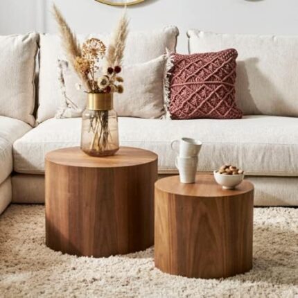 walnut round nesting coffee table set