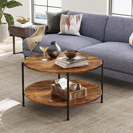 rustic brown round coffee table with storage