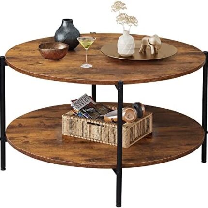 rustic brown round coffee table with storage