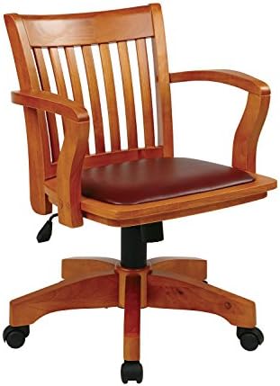 Home furnishings, deluxe wood banker's desk chair, padded seat, adjustable height, locking tilt, fruitwood finish, brown vinyl