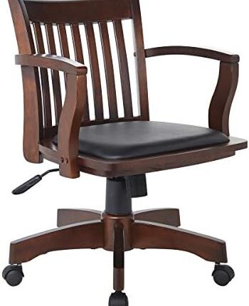 Home furnishings, Deluxe Wood Banker's Desk Chair, Padded Seat, Adjustable Height, Locking Tilt, Espresso Finish, Black Vinyl