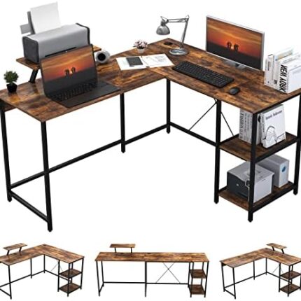 L shaped desk, corner desk, double computer desk, home office desk, gaming workstation, storage shelves, monitor stand
