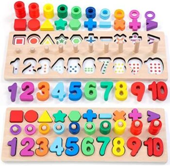 Wooden Montessori Toys for Kids Toddler Number Puzzles Sorter Counting Shape Stacker Stacking Game Preschool Toys for Boy Girl Learning Education Math Blocks 1 Year Old Girl Gifts