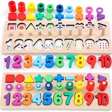 Wooden Montessori Toys for Kids Toddler Number Puzzles Sorter Counting Shape Stacker Stacking Game Preschool Toys for Boy Girl Learning Education Math Blocks 1 Year Old Girl Gifts