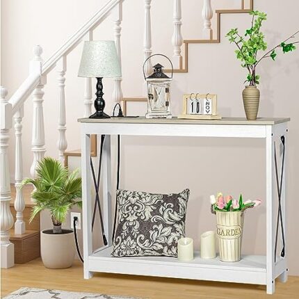 Farmhouse Console Sofa Table with Outlets and USB Ports