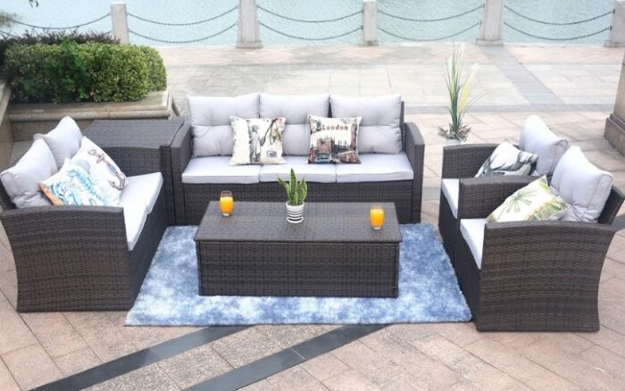 Outdoor metal sofa seating group with cushions