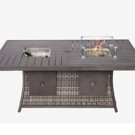 Gray wicker outdoor gas fire pit table with ice bucket
