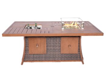 Brown wicker outdoor gas fire pit table with ice bucket