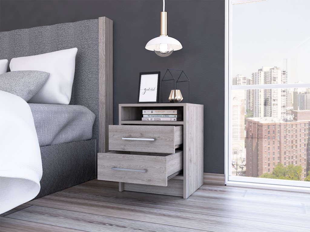 Grey open compartment two drawer nightstand