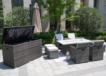 Outdoor wicker seating group with fire pit
