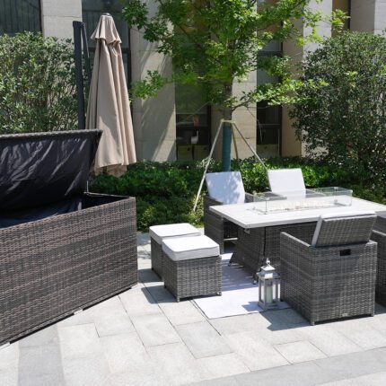 Outdoor wicker seating group with fire pit