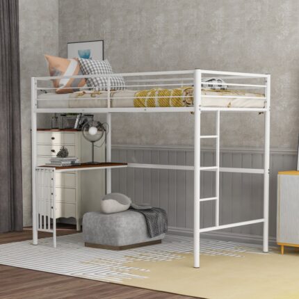 White Metal Loft Bed with Desk