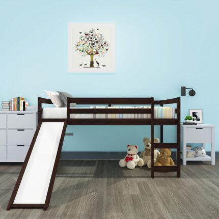 Brown Low Loft Bed with Slide