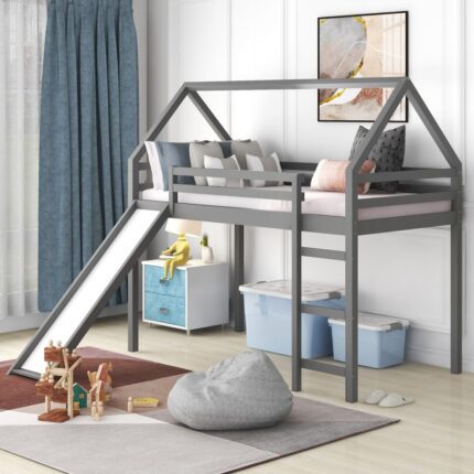 Gray Twin Loft Bed with Slide