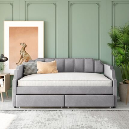 Twin gray upholstered polyester blend bed