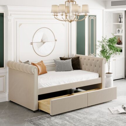 Twin tufted beige upholstered polyester blend bed