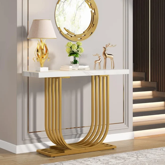 Gold Console Table with Faux Marble Top