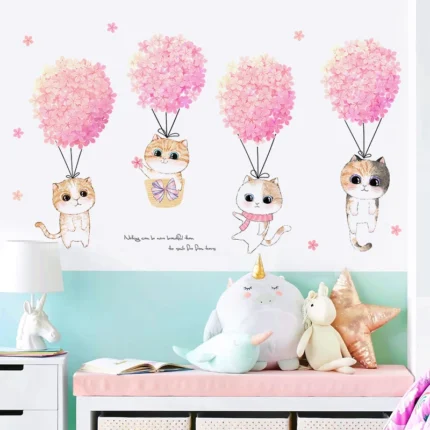Pink Flower Cat Wall Stickers