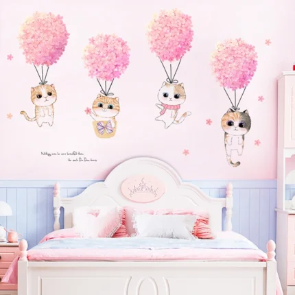 Pink Flower Cat Wall Stickers