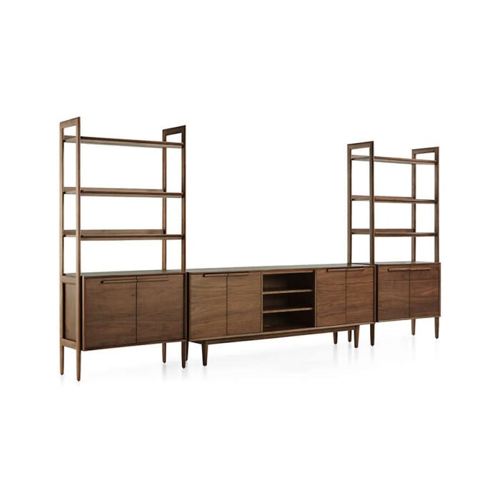 Tate Walnut 80" Storage Media Console with 2 Bookcase Cabinets