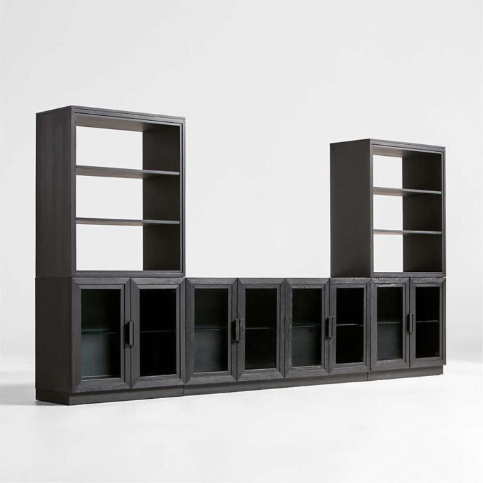 Calypso Black Elm Wood 72" Storage Media Console with 2 Modular Glass-Door Bases and 2 Hutch Bookcases