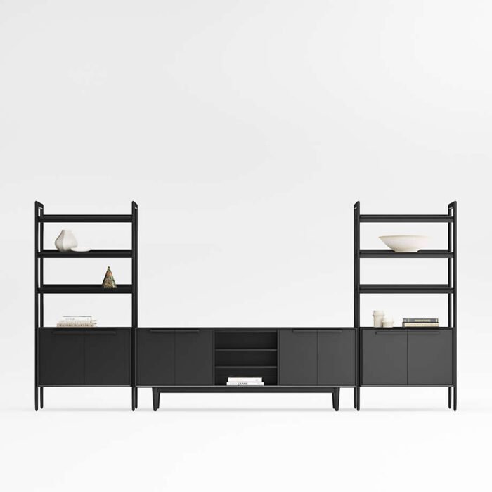 Tate 80" Black Wood Media Console with 2 Storage Bookcases