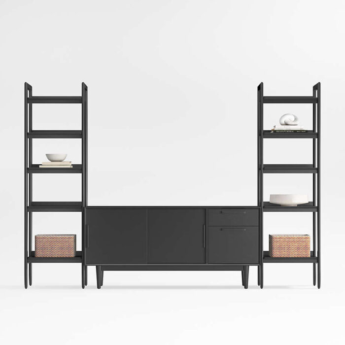 Tate 64.5" Black Wood Media Console with 2 Narrow Bookcases