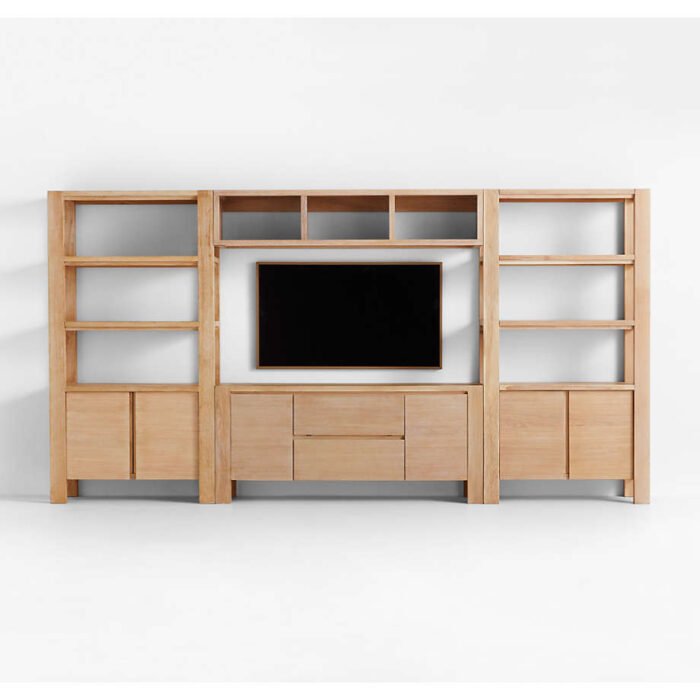 Terra Natural White Oak Wood Storage Media Console with 2 Bookcases