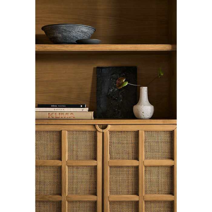 Campagna 76" Rattan and Natural Oak Wood Storage Media Console with 2 Storage Bookcases