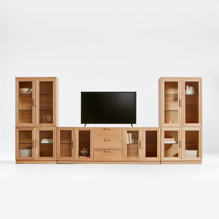 Calypso Natural Elm Wood 90" Storage Media Console with 2 Modular Glass-Door Cabinet Bases and 2 Glass-Door Hutches