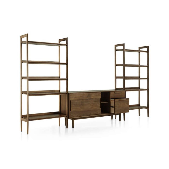 Tate Walnut 64.5" Storage Media Console with 2 Wide Bookcases