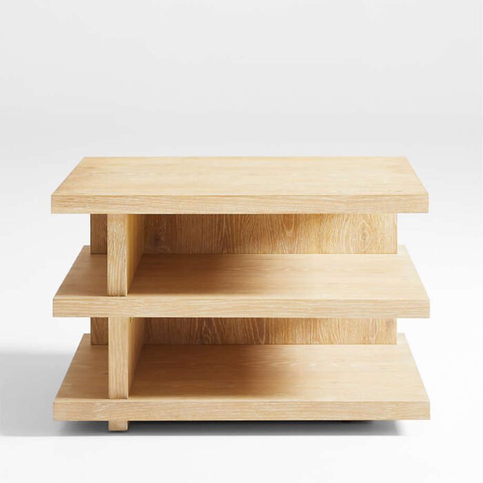 Stria Oversized Natural Oak Wood Square End Table with Tiered Shelves