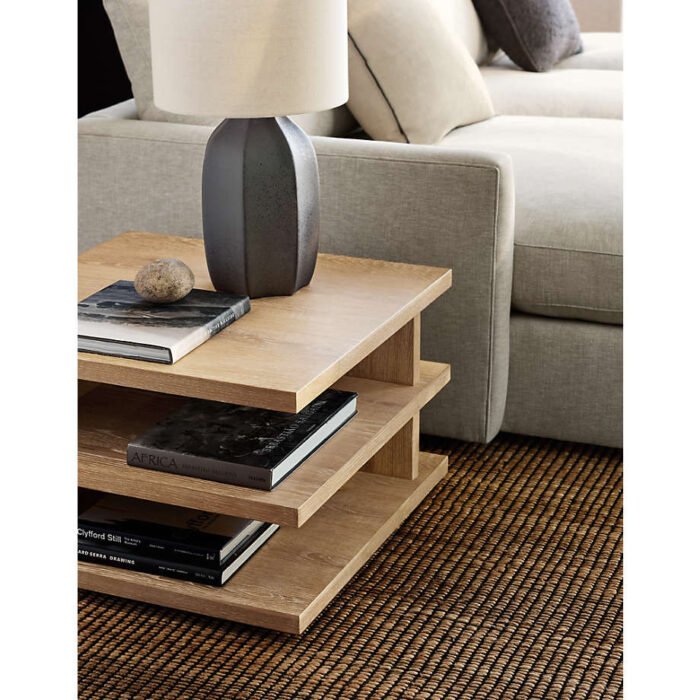 Stria Oversized Natural Oak Wood Square End Table with Tiered Shelves