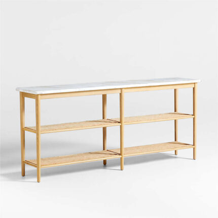 Aeree 72" Natural Oak and Rattan Console Table with Marble Top