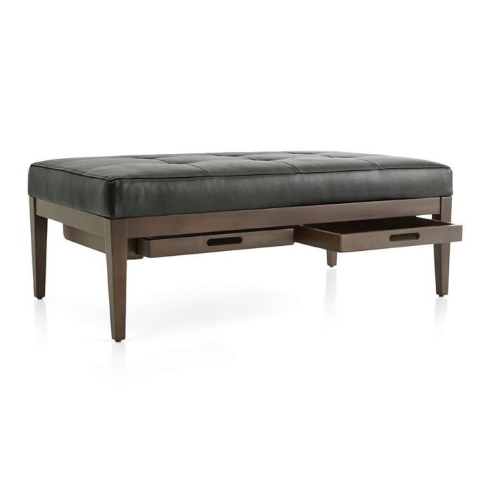 Nash Leather Tufted Rectangular Ottoman with Tray