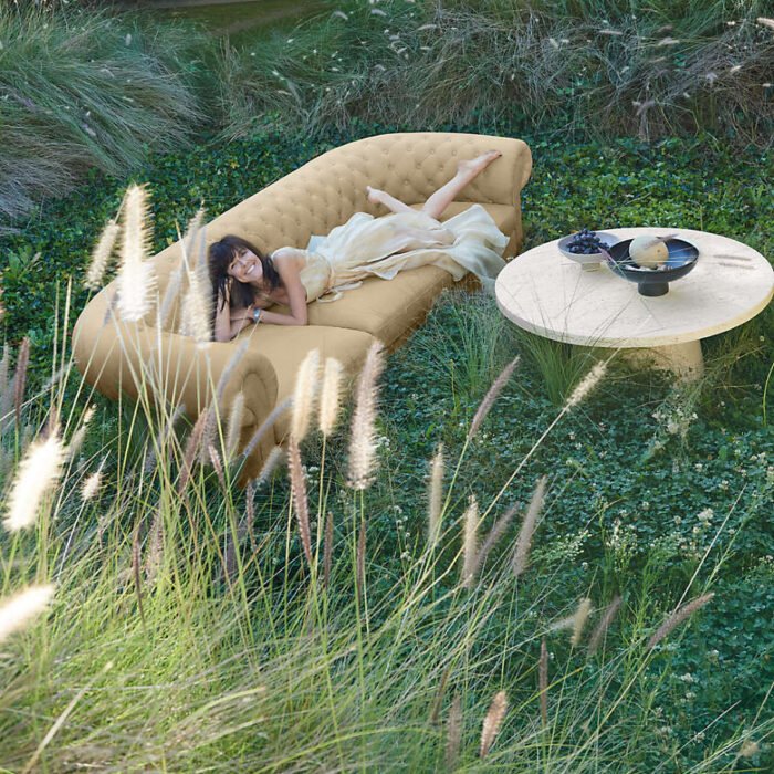 Willy Faux Travertine Resin 44" Round Pedestal Coffee Table by Leanne Ford