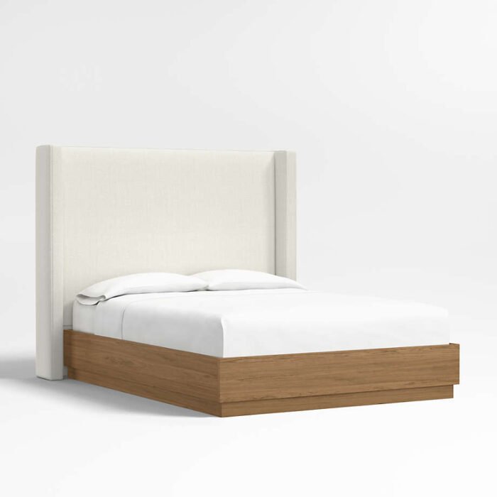 Arden 60" Ivory King Upholstered Headboard with Batten Brown Oak Bed Base