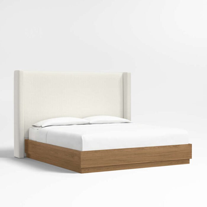 Arden 60" Ivory King Upholstered Headboard with Batten Brown Oak Bed Base