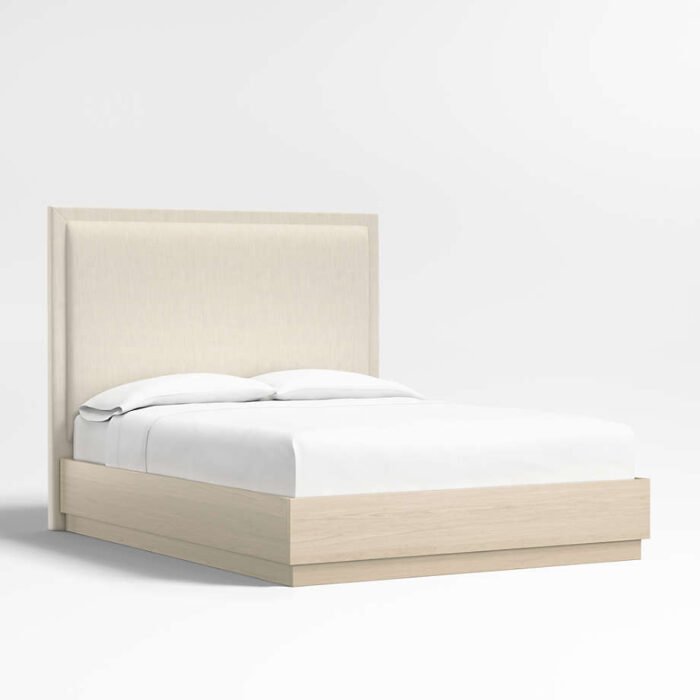 Meraux 56" Ivory Upholstered King Headboard with Batten White Oak Bed Base