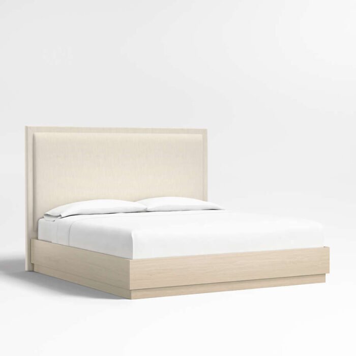 Meraux 56" Ivory Upholstered King Headboard with Batten White Oak Bed Base