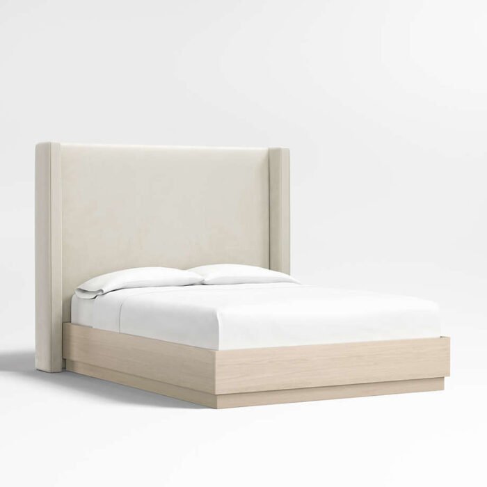 Arden 60" Beige Upholstered Queen Headboard with Batten White Oak Bed Base