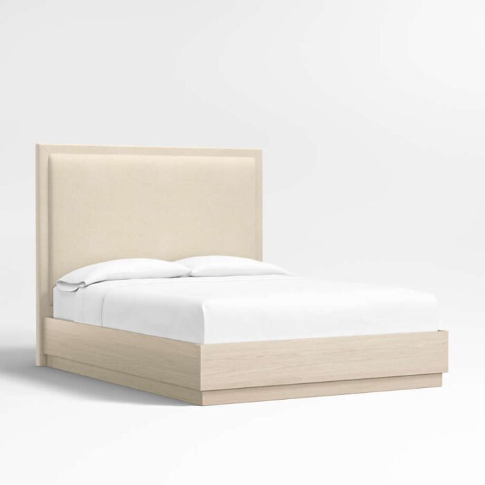 Meraux 56" Ivory Upholstered Queen Headboard with Batten White Oak Bed Base